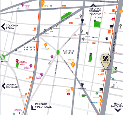 Mapa de ubicación y servicios cercanos de Spazio 881
